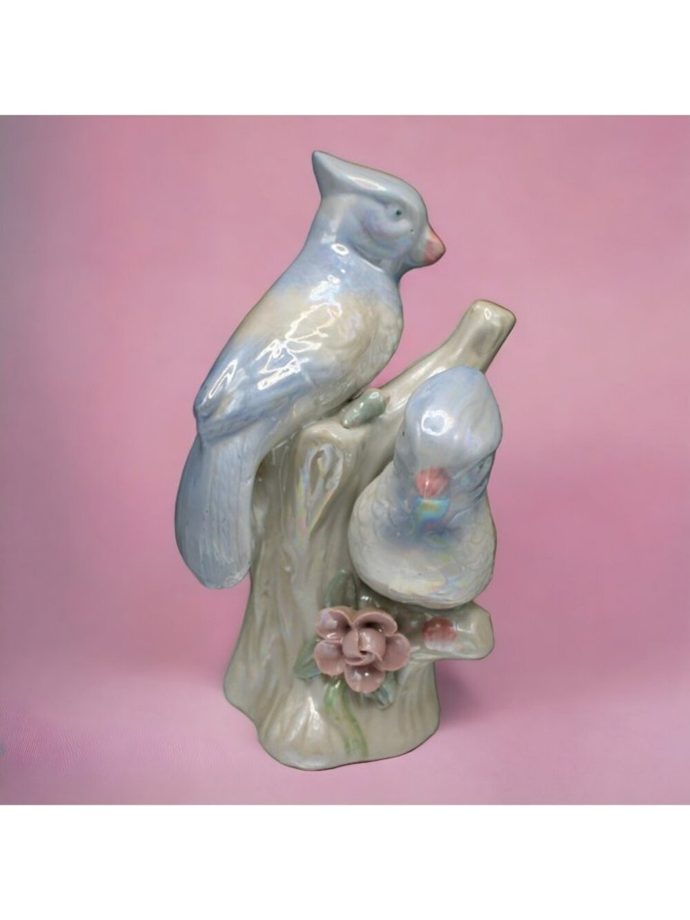 Vintage Iridescent Porcelain Lusterware Love Birds Figurine Pastel Blue Pink